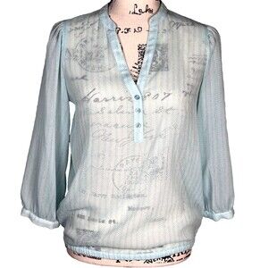 The Limited Sz S Sheer Blouse 3/4 Balloon Sleeve Pale Blue Striped Buttons